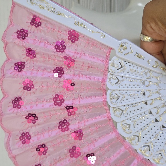 Light Pink Sequin Folding Hand Fan - Picture 3 of 5